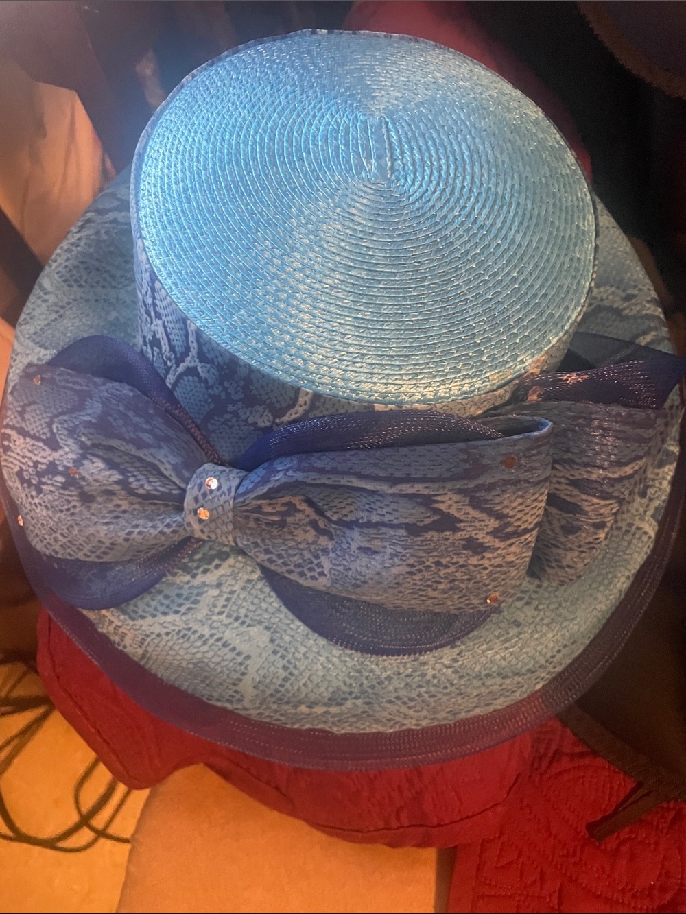 Classic Light Blue Straw Hat with Patterned Bow